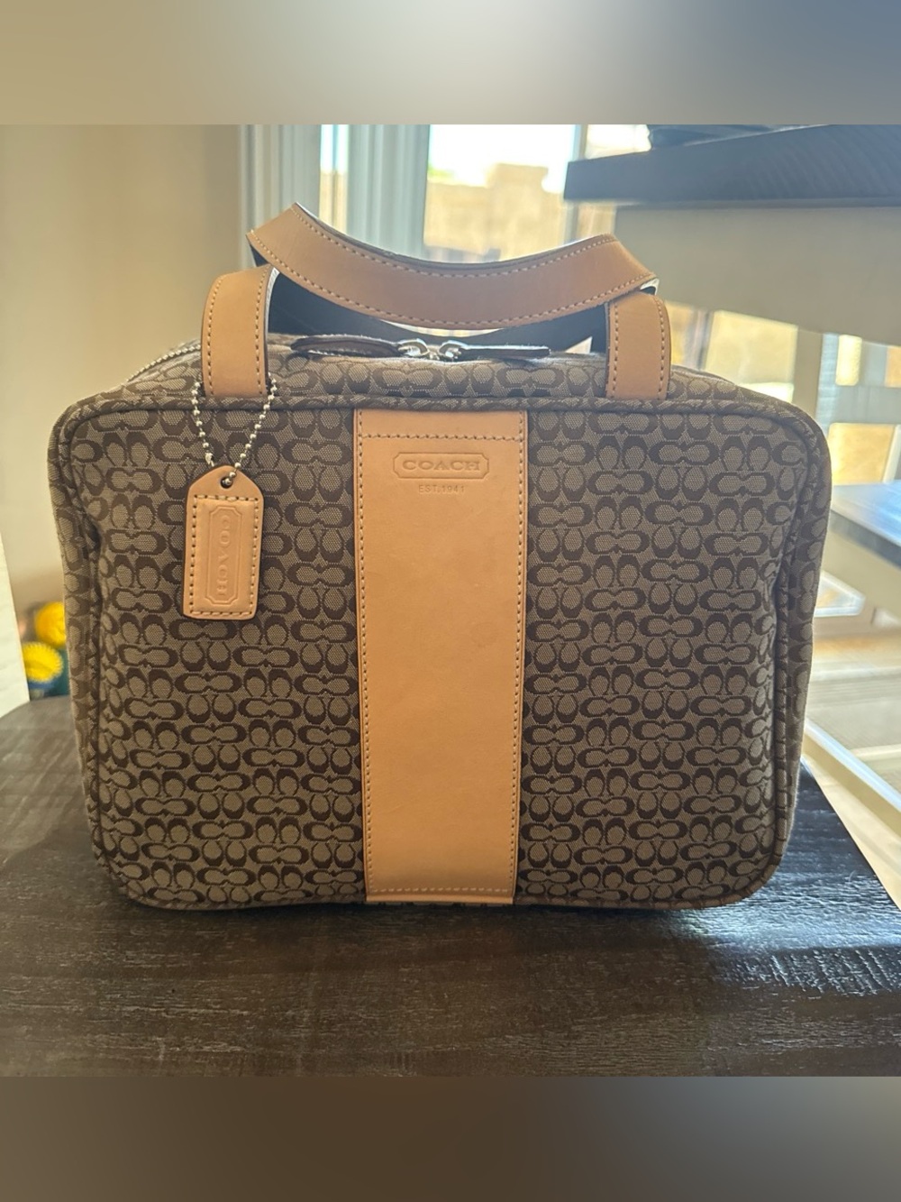 Coach Brown Signature Canvas Toiletry Bag with Tan Leather Trim